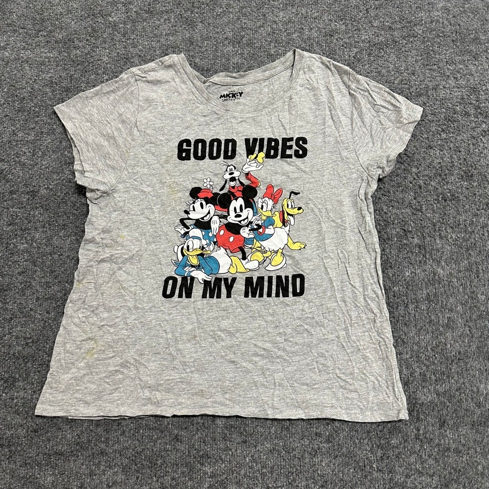 Disney T-Shirt Womens Size M Gray Viscose Mickey Friends Good Vibes Graphic Tee